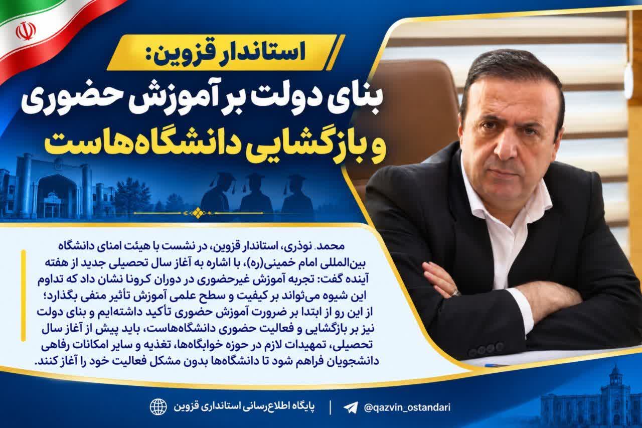 استاندار قزوین: بنای دولت بر بازگشایی حضوری دانشگاه‌هاست